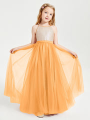 Robe Longue de Demoiselle d'Honneur Junior avec Haut en Paillettes et Jupe en Tulle Mandarine