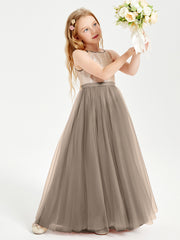 Robe Longue de Demoiselle d'Honneur Junior avec Haut en Paillettes et Jupe en Tulle Taupe