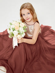 Robe Longue de Demoiselle d'Honneur Junior avec Haut en Paillettes et Jupe en Tulle Terracotta