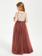 Robe Longue de Demoiselle d'Honneur Junior avec Haut en Paillettes et Jupe en Tulle Terracotta