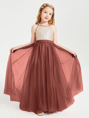 Robe Longue de Demoiselle d'Honneur Junior avec Haut en Paillettes et Jupe en Tulle Terracotta