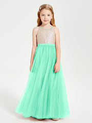 Robe Longue de Demoiselle d'Honneur Junior avec Haut en Paillettes et Jupe en Tulle Turquoise