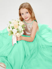 Robe Longue de Demoiselle d'Honneur Junior avec Haut en Paillettes et Jupe en Tulle Turquoise