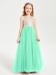 Robe Longue de Demoiselle d'Honneur Junior avec Haut en Paillettes et Jupe en Tulle Turquoise