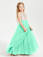 Robe Longue de Demoiselle d'Honneur Junior avec Haut en Paillettes et Jupe en Tulle Turquoise