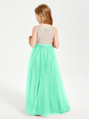 Robe Longue de Demoiselle d'Honneur Junior avec Haut en Paillettes et Jupe en Tulle Turquoise