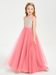 Robe Longue de Demoiselle d'Honneur Junior avec Haut en Paillettes et Jupe en Tulle Pastèque