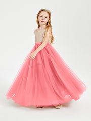 Robe Longue de Demoiselle d'Honneur Junior avec Haut en Paillettes et Jupe en Tulle Pastèque