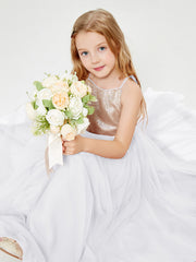 Robe Longue de Demoiselle d'Honneur Junior avec Haut en Paillettes et Jupe en Tulle Blanc