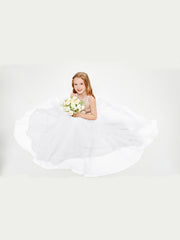 Robe Longue de Demoiselle d'Honneur Junior avec Haut en Paillettes et Jupe en Tulle Blanc