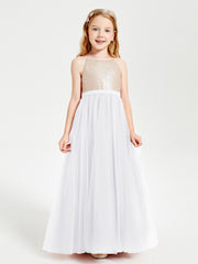 Robe Longue de Demoiselle d'Honneur Junior avec Haut en Paillettes et Jupe en Tulle Blanc