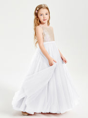 Robe Longue de Demoiselle d'Honneur Junior avec Haut en Paillettes et Jupe en Tulle Blanc