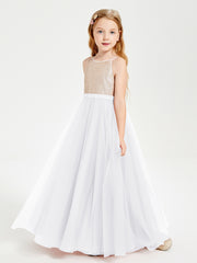 Robe Longue de Demoiselle d'Honneur Junior avec Haut en Paillettes et Jupe en Tulle Blanc