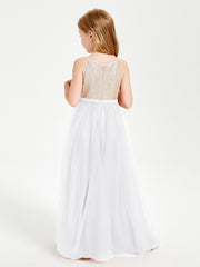 Robe Longue de Demoiselle d'Honneur Junior avec Haut en Paillettes et Jupe en Tulle Blanc