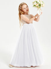 Robe Longue de Demoiselle d'Honneur Junior avec Haut en Paillettes et Jupe en Tulle Blanc