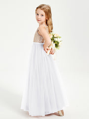 Robe Longue de Demoiselle d'Honneur Junior avec Haut en Paillettes et Jupe en Tulle Blanc