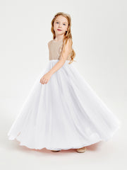 Robe Longue de Demoiselle d'Honneur Junior avec Haut en Paillettes et Jupe en Tulle Blanc