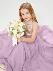 Robe Longue de Demoiselle d'Honneur Junior avec Haut en Paillettes et Jupe en Tulle Glycine
