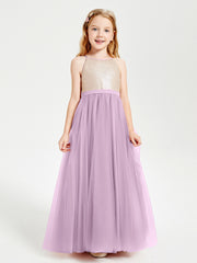 Robe Longue de Demoiselle d'Honneur Junior avec Haut en Paillettes et Jupe en Tulle Glycine