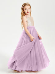 Robe Longue de Demoiselle d'Honneur Junior avec Haut en Paillettes et Jupe en Tulle Glycine