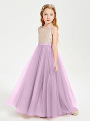 Robe Longue de Demoiselle d'Honneur Junior avec Haut en Paillettes et Jupe en Tulle Glycine