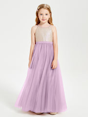 Robe Longue de Demoiselle d'Honneur Junior avec Haut en Paillettes et Jupe en Tulle Glycine