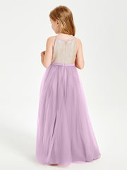 Robe Longue de Demoiselle d'Honneur Junior avec Haut en Paillettes et Jupe en Tulle Glycine