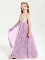 Robe Longue de Demoiselle d'Honneur Junior avec Haut en Paillettes et Jupe en Tulle Glycine