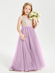 Robe Longue de Demoiselle d'Honneur Junior avec Haut en Paillettes et Jupe en Tulle Glycine
