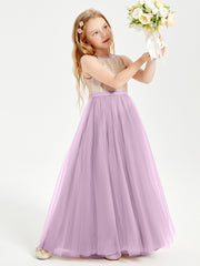 Robe Longue de Demoiselle d'Honneur Junior avec Haut en Paillettes et Jupe en Tulle Glycine