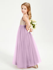Robe Longue de Demoiselle d'Honneur Junior avec Haut en Paillettes et Jupe en Tulle Glycine