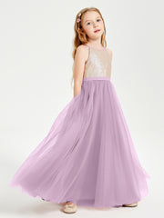 Robe Longue de Demoiselle d'Honneur Junior avec Haut en Paillettes et Jupe en Tulle Glycine