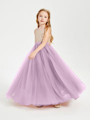 Robe Longue de Demoiselle d'Honneur Junior avec Haut en Paillettes et Jupe en Tulle Glycine