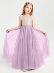 Robe Longue de Demoiselle d'Honneur Junior avec Haut en Paillettes et Jupe en Tulle Glycine