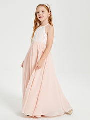 Robes de Demoiselle d'Honneur Longues en Mousseline avec Haut en Dentelle Rose Perle
