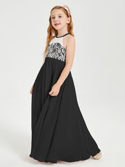 Robes de Demoiselle d'Honneur Longues en Mousseline avec Haut en Dentelle Noir