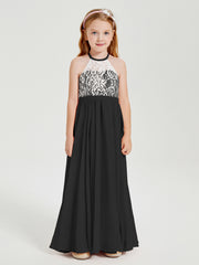 Robes de Demoiselle d'Honneur Longues en Mousseline avec Haut en Dentelle Noir