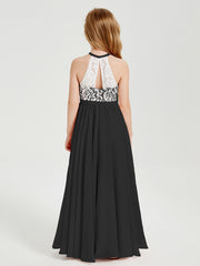 Robes de Demoiselle d'Honneur Longues en Mousseline avec Haut en Dentelle Noir
