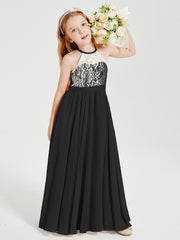 Robes de Demoiselle d'Honneur Longues en Mousseline avec Haut en Dentelle Noir
