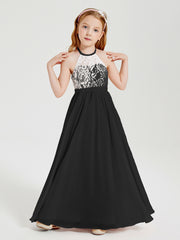 Robes de Demoiselle d'Honneur Longues en Mousseline avec Haut en Dentelle Noir