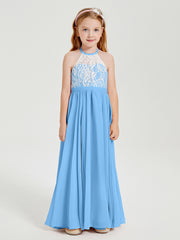 Robes de Demoiselle d'Honneur Longues en Mousseline avec Haut en Dentelle Bleu