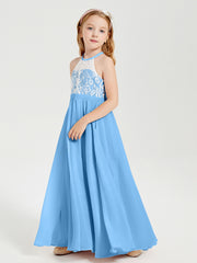 Robes de Demoiselle d'Honneur Longues en Mousseline avec Haut en Dentelle Bleu