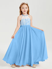 Robes de Demoiselle d'Honneur Longues en Mousseline avec Haut en Dentelle Bleu