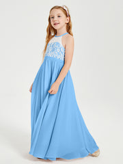 Robes de Demoiselle d'Honneur Longues en Mousseline avec Haut en Dentelle Bleu