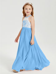 Robes de Demoiselle d'Honneur Longues en Mousseline avec Haut en Dentelle Bleu
