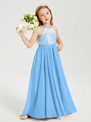 Robes de Demoiselle d'Honneur Longues en Mousseline avec Haut en Dentelle Bleu