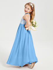 Robes de Demoiselle d'Honneur Longues en Mousseline avec Haut en Dentelle Bleu