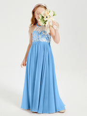 Robes de Demoiselle d'Honneur Longues en Mousseline avec Haut en Dentelle Bleu