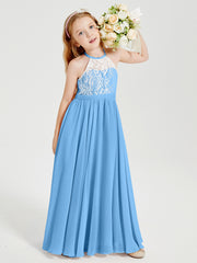 Robes de Demoiselle d'Honneur Longues en Mousseline avec Haut en Dentelle Bleu
