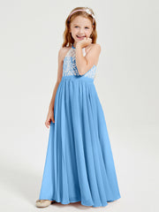 Robes de Demoiselle d'Honneur Longues en Mousseline avec Haut en Dentelle Bleu